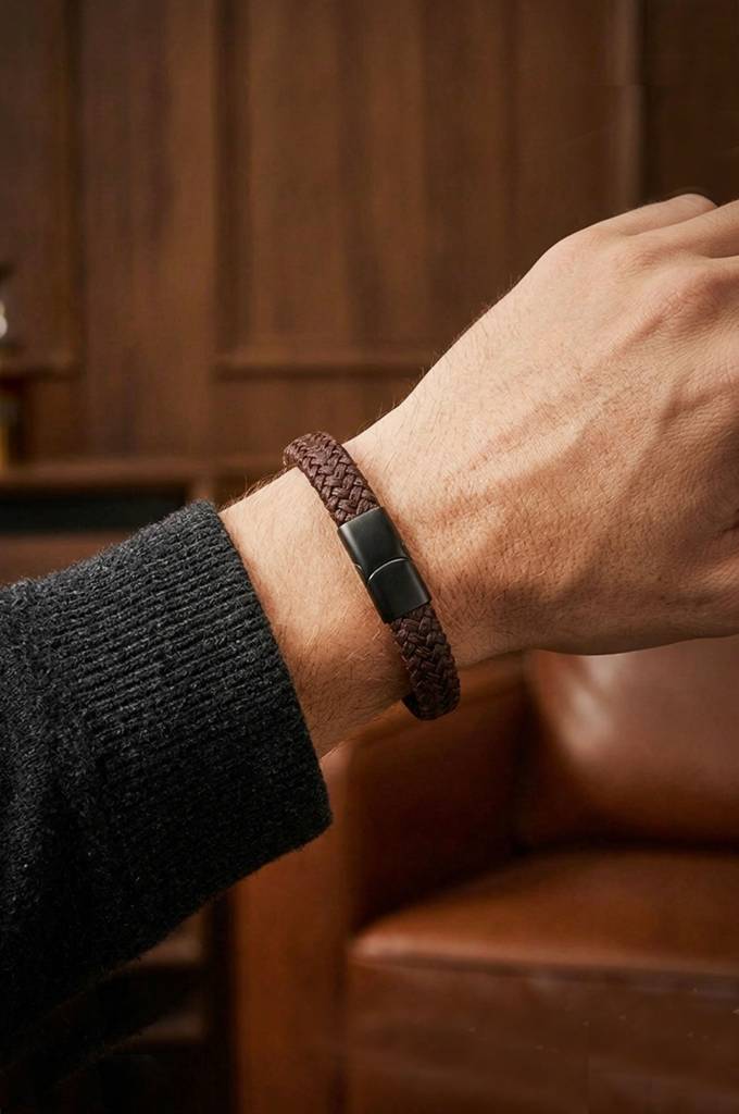 Men'S Braided Brown Leather Stainless Steel Bracelet : MSBBBL7D007