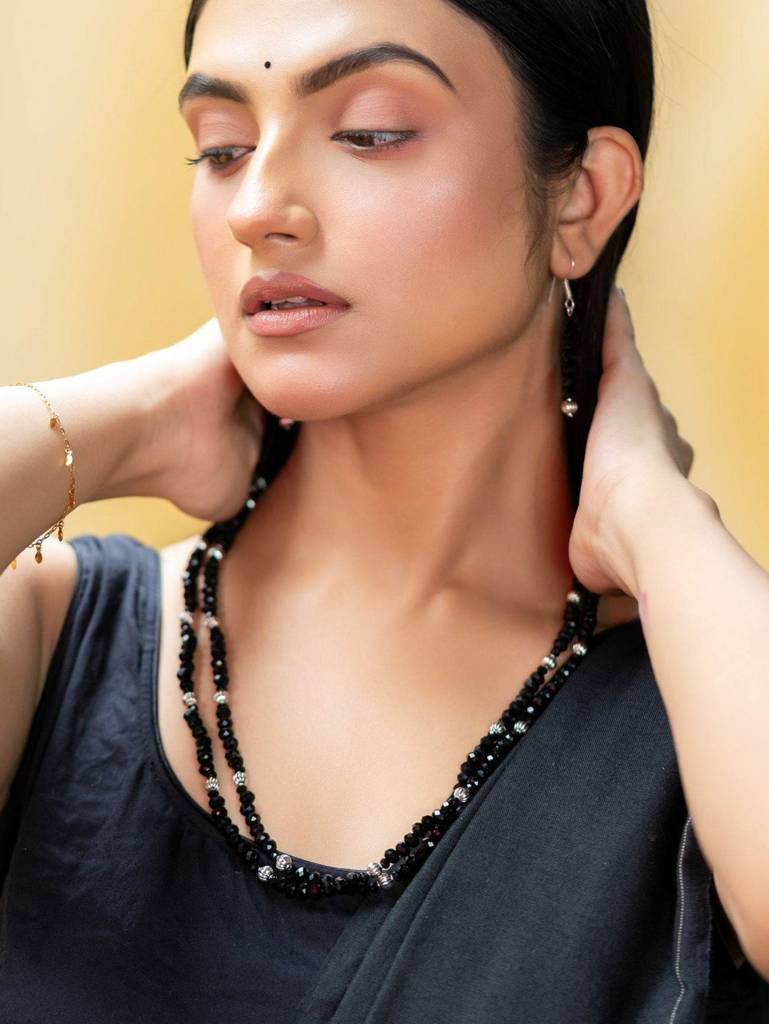 Handmade Double Layer Black Crystal German Silver Beads Necklace Set : LAANP122