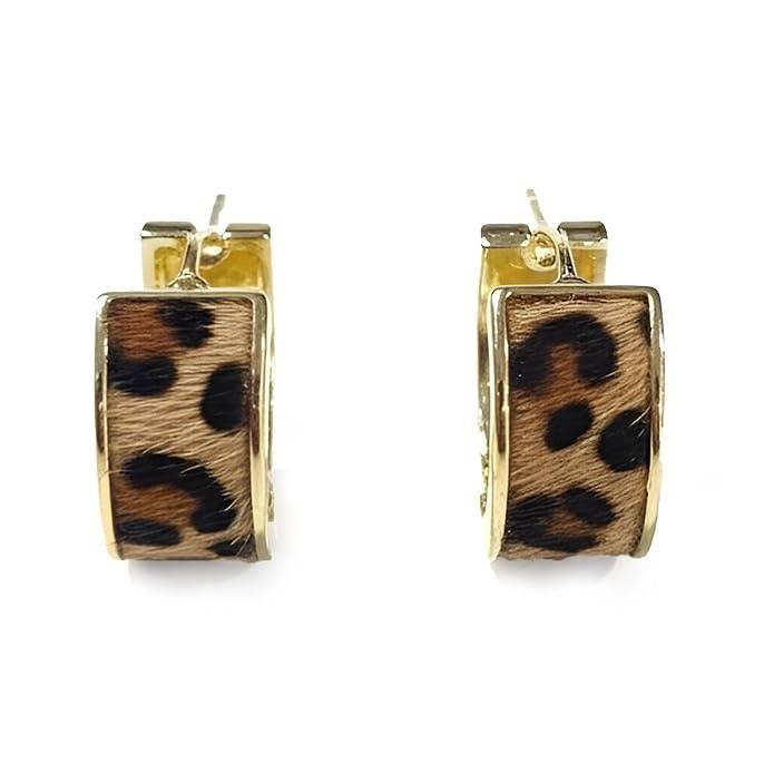 Leopard Print Hair-On Stone Gold Hoop Earrings : HSPS60MB1364