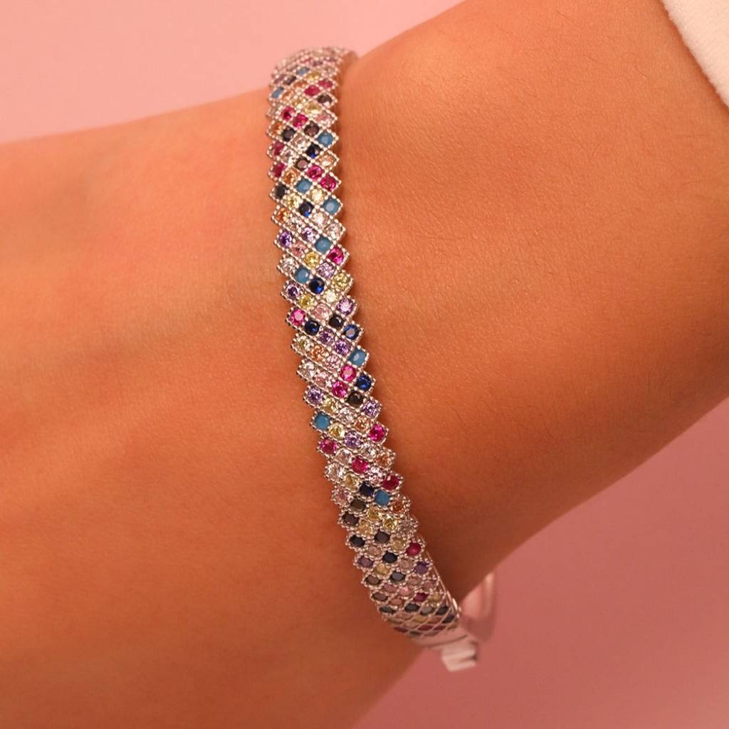 Radiant Elegance Coloured Cz Rhodium-Plated 925 Sterling Silver Kada Bracelet : BR-80334-R