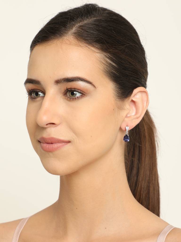 92.5 Sterling Silver Rhodium Plated Swiss Zirconia Royal Blue Tear Drop Earrings With Screw Back Gift For Women : CSCLRE4PR_BS