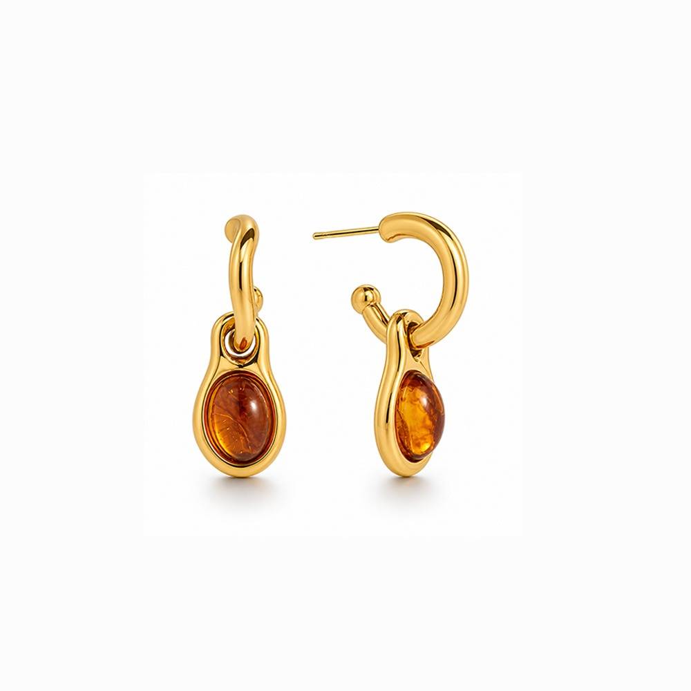 Women 18K Gold-Plated Amber Oval Cabochon Drop Earrings : 101234