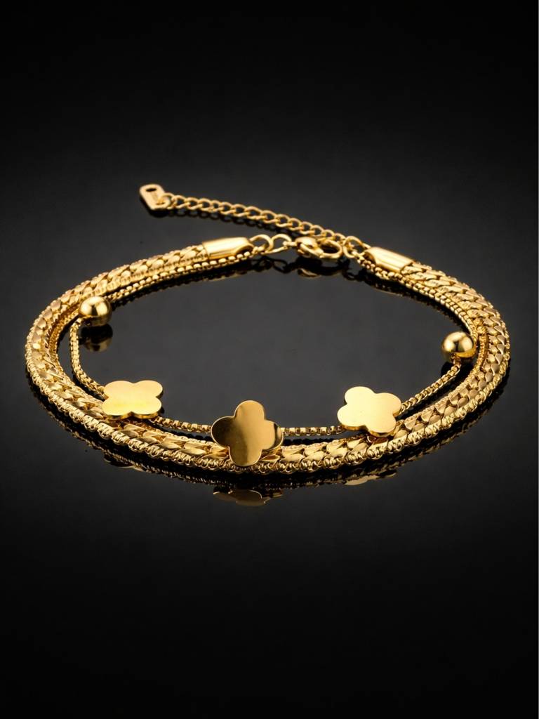 Clover Double Layer Cuban Chain Bracelet – 18K Gold Plated : ATCB750CDCCB