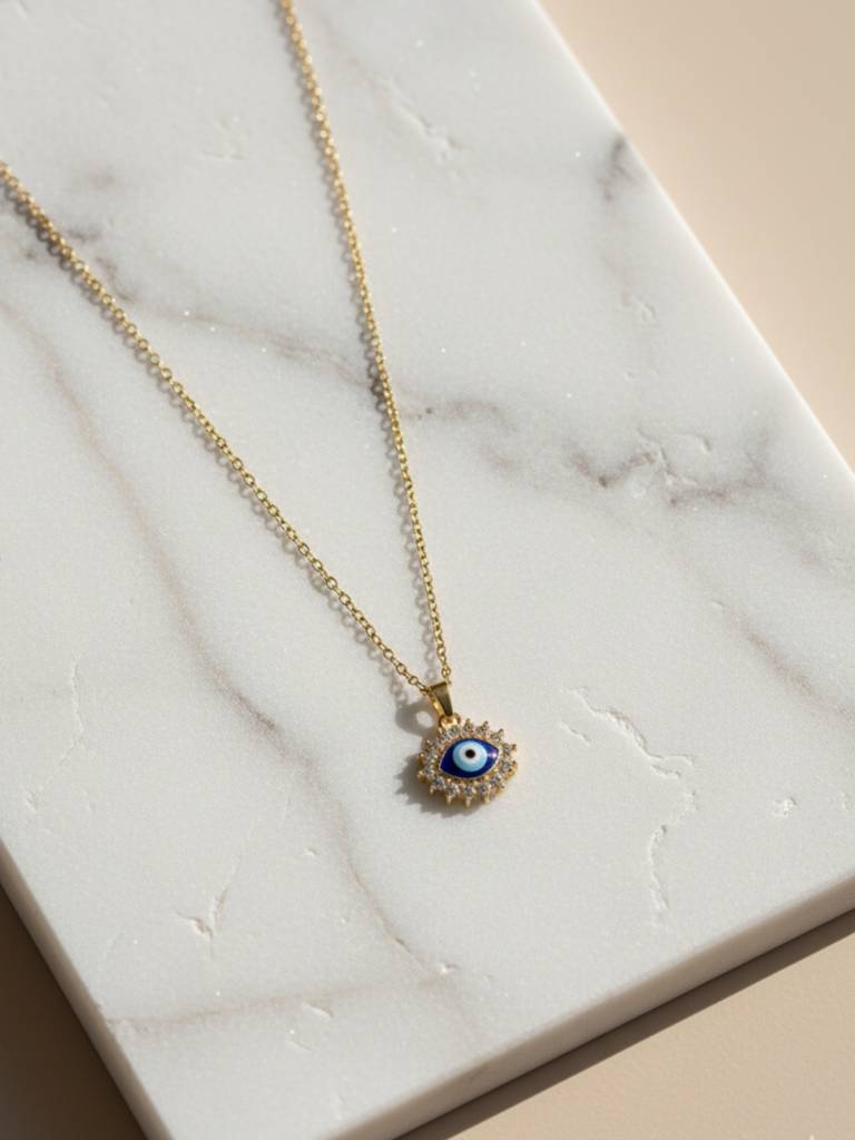 Anti-Tarnish Evil Eye Pendant Necklace In 18K Gold | Cz Protection Chain : ATC640EEPC