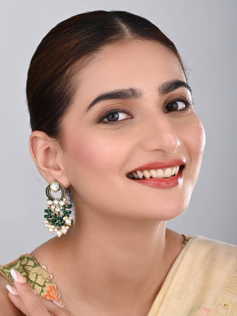 Gold-Plated Meenakari Stud Earrings With Kundan & Pearl Cluster Drops : S24FAER408GRN