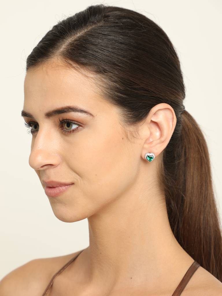92.5 Sterling Silver Rhodium Plated Swiss Zirconia Dark Green Heart Stud Earrings With Screw Back Gift For Wome : CSCLRE1HT_EM