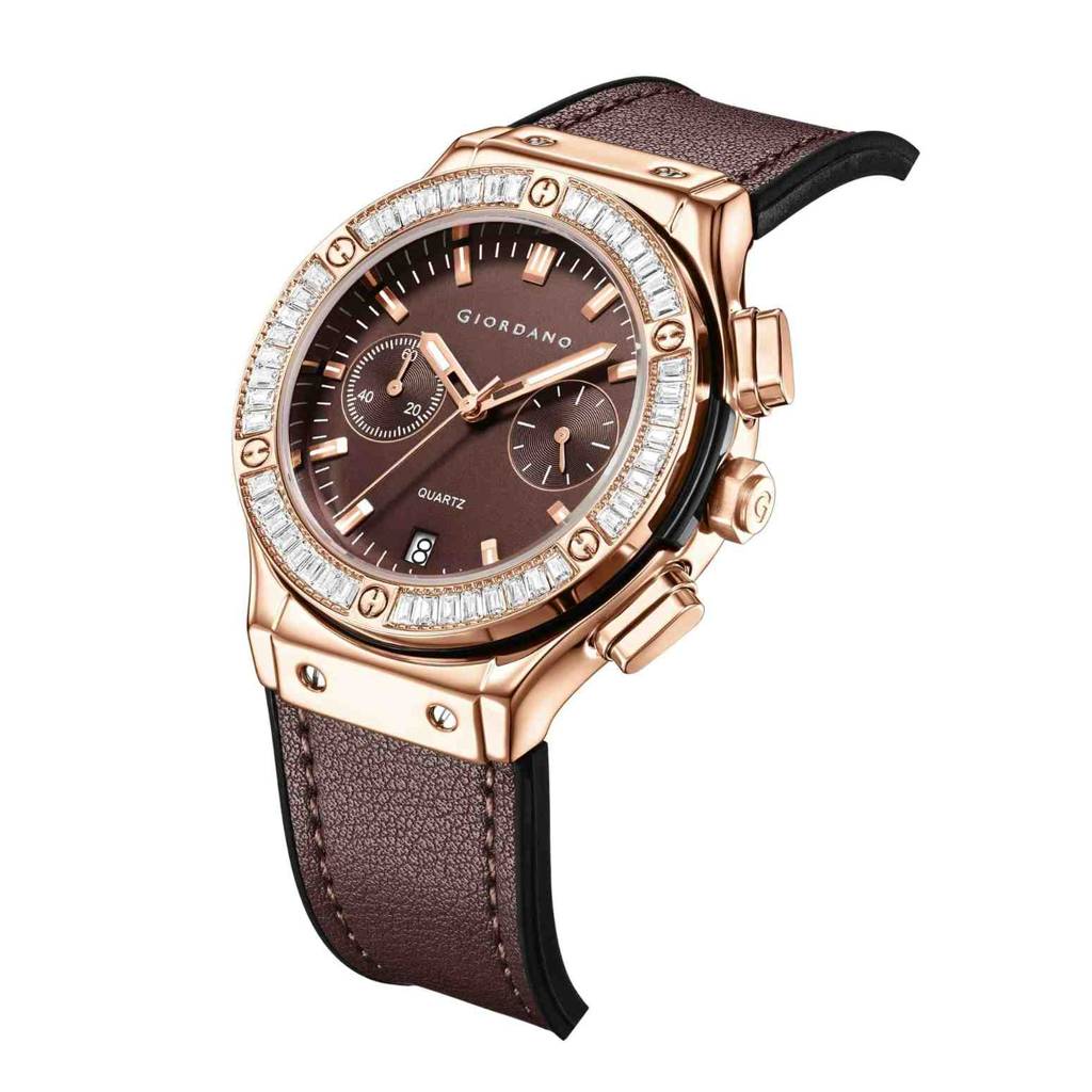 Giordano Analog Watch For Women Â Round Dial, Leather Strap, Crystal-Studded Bezel With Quartz Movement : GZ-60093-05