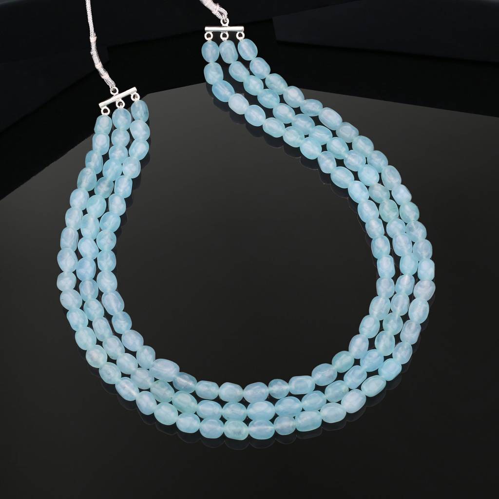 Estele Rhodium Plated Magnificent Designer Three Layered Necklace With Mint Blue Beads For Girls And Women : 10180-IR-MBNK