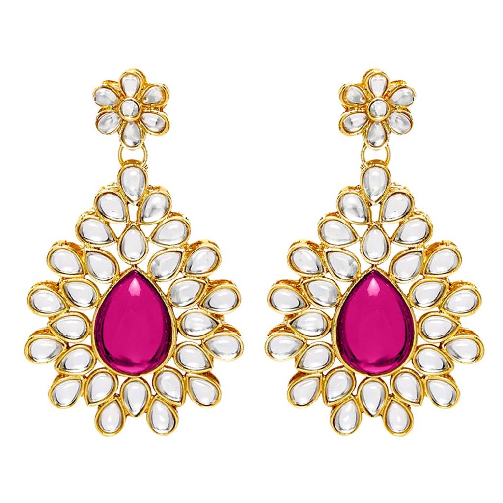 Peora Gold Plated Kundan Studded Drop & Dangle Earrings Ethnic Jewellery For Girls & Women (Rani Pink) : PF24E1745RP