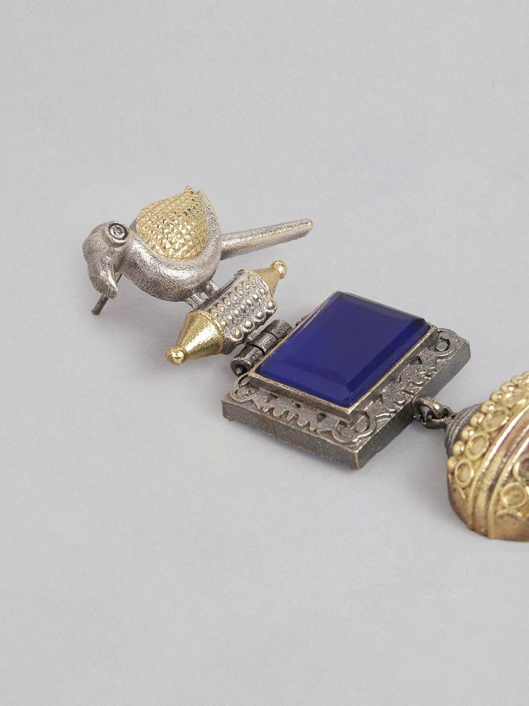 Silver & Gold Dual-Plated Oxidised Long Blue Stone Contemporary Bird Jhumkas : VI24EROX100020