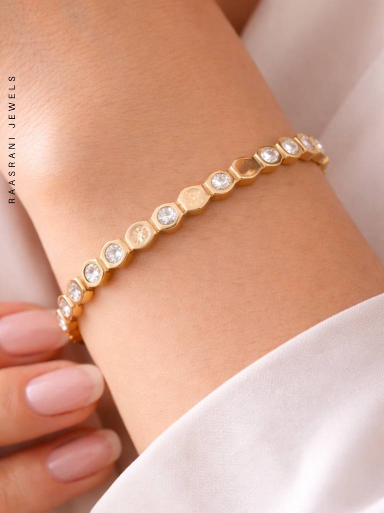 Hexagon Half Studded Gold Bracelet | Anti-Tarnish Cz Bracelet : ATB720HHSB