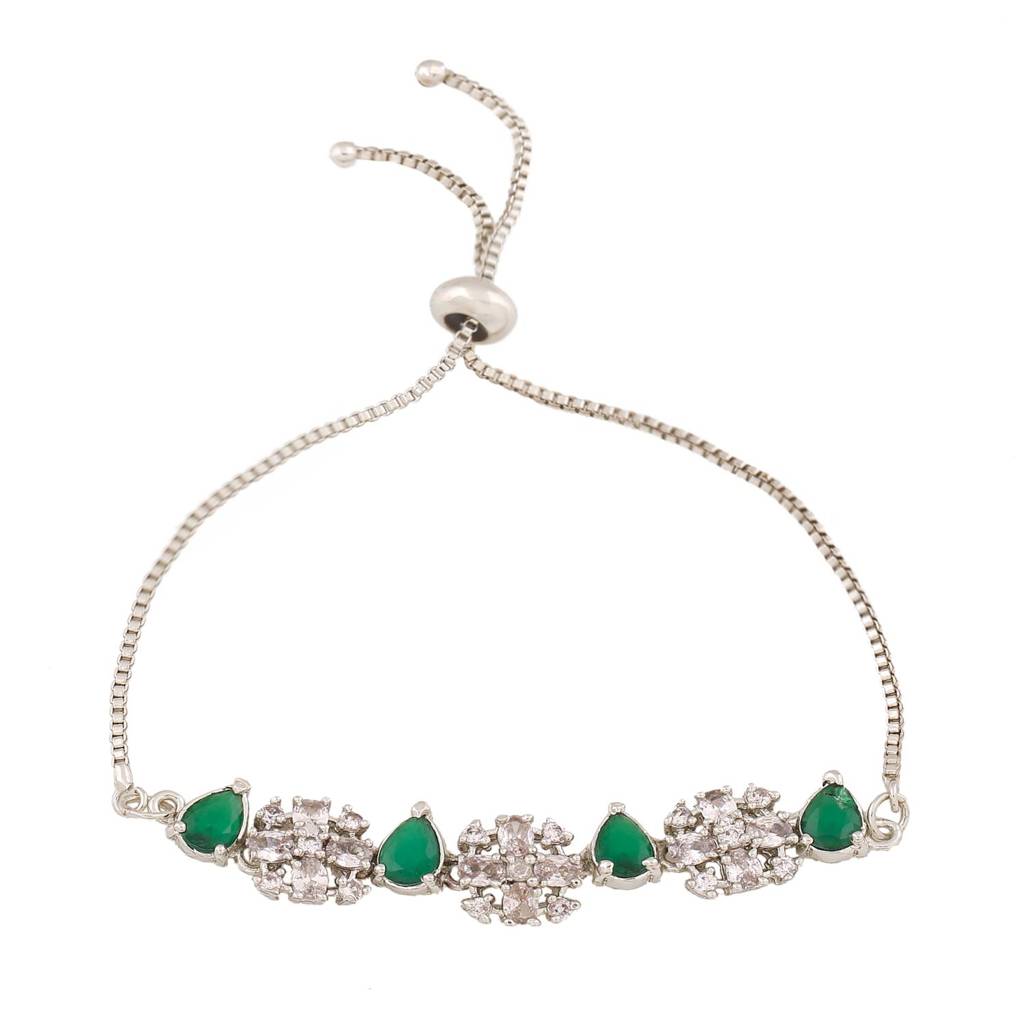 Estele Rhodium Plated Cz Sparkling Flower Designer Bracelet With Green Stones For Women