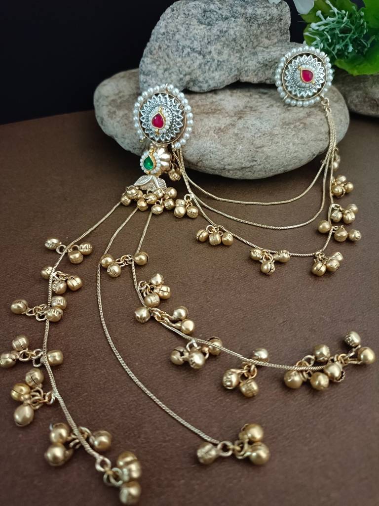 Brass-Plated Pachi Kundan Studded & Ghungroo Beaded Kashmiri Drop Earrings With Earchains : VS105330