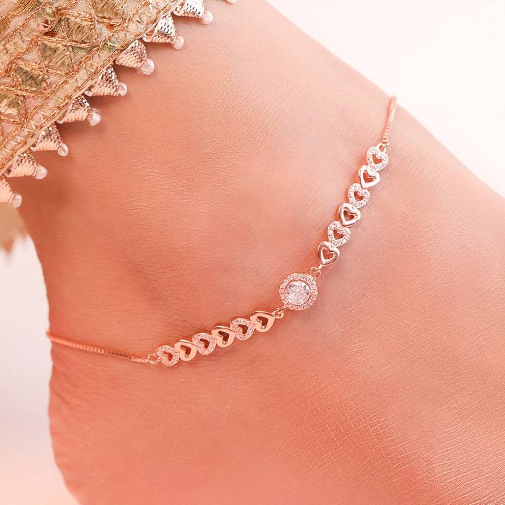 Heart Cubic Zirconia Rose Gold Plated 925 Sterling Silver Anklet : ANK-60329-PAIR-RG