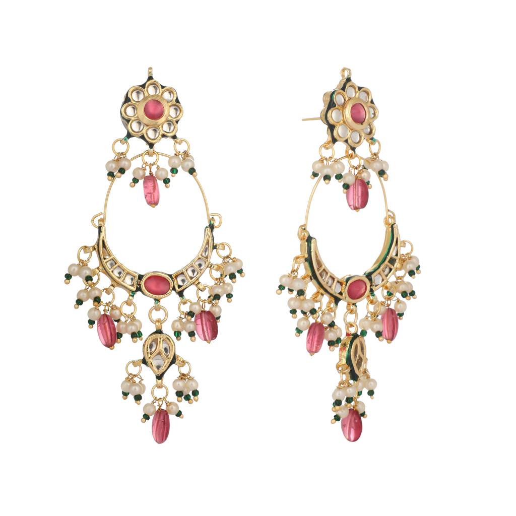 22K Gold Plated Crescent Kundan Drop Stone Chandbali Earrings : YI24A0457E