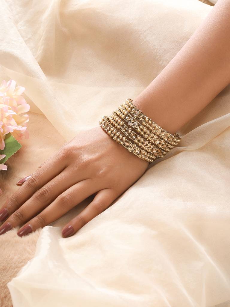 Set Of 4 Gold-Plated Pearl & White Kundan Studded Bangles-Ba-Js22-60025 : BA-JS22-60025