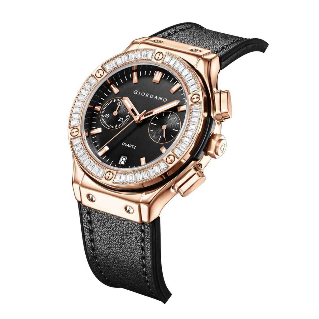 Giordano Analog Watch For Women Â Round Dial, Leather Strap, Crystal-Studded Bezel With Quartz Movement : GZ-60093-06