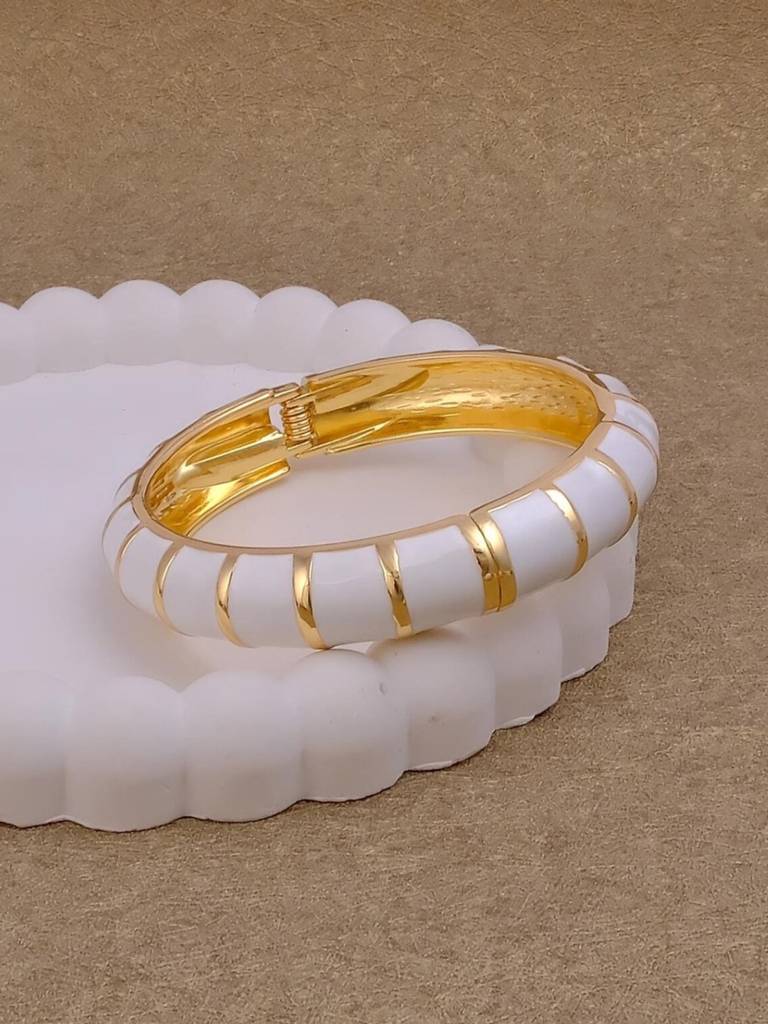 Ivory Stripe Enamel Gold Bracelet | Anti-Tarnish Everyday Bangle : ATB681WSEB