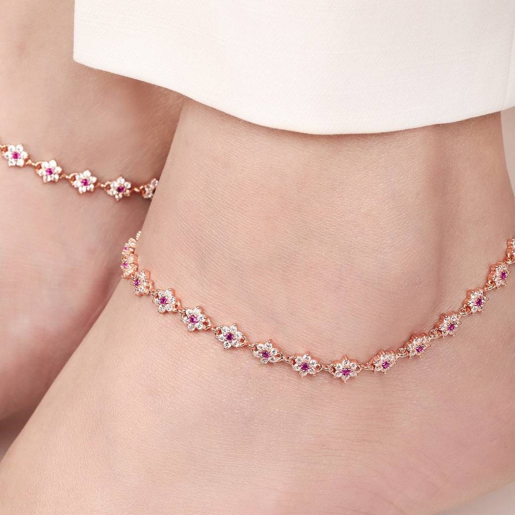 Floral Cubic Zirconia Rose Gold Plated 925 Sterling Silver Women'S Anklet : ANK-60331-PAIR-RG