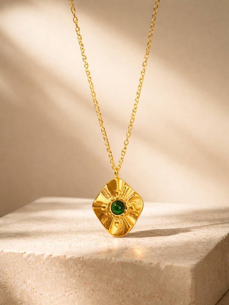 Emerald Glow Gold Chain | 18K Gold Plated Green Stone Necklace : S925C731GSC