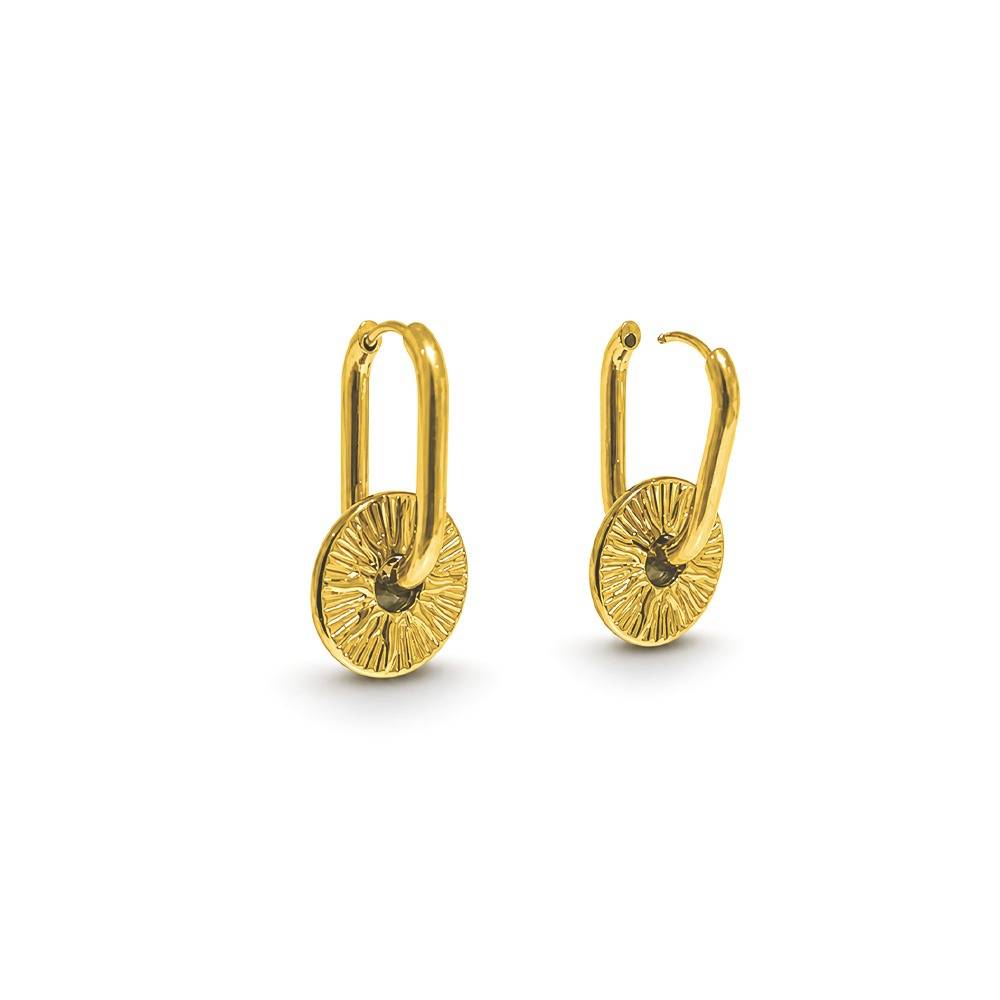 Women 18K Yellow Gold-Plated Sunburst Medallion Drop Hoop Earrings : 101194