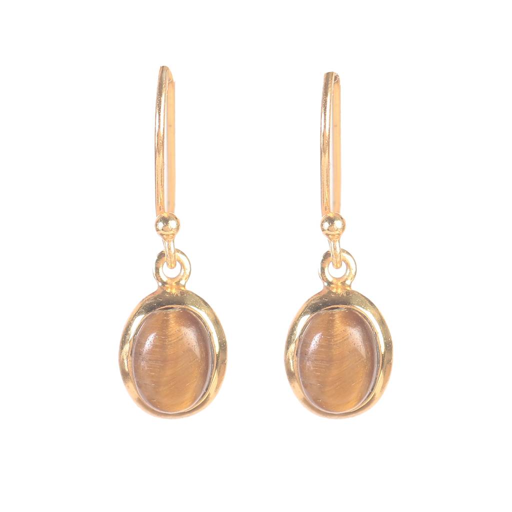 925 Sterling Silver Gold Plated Tiger Eye Earrings For Women | Natural Tiger Eye Gemstone Jewelry | Elegant Handcr : FU-0292-G