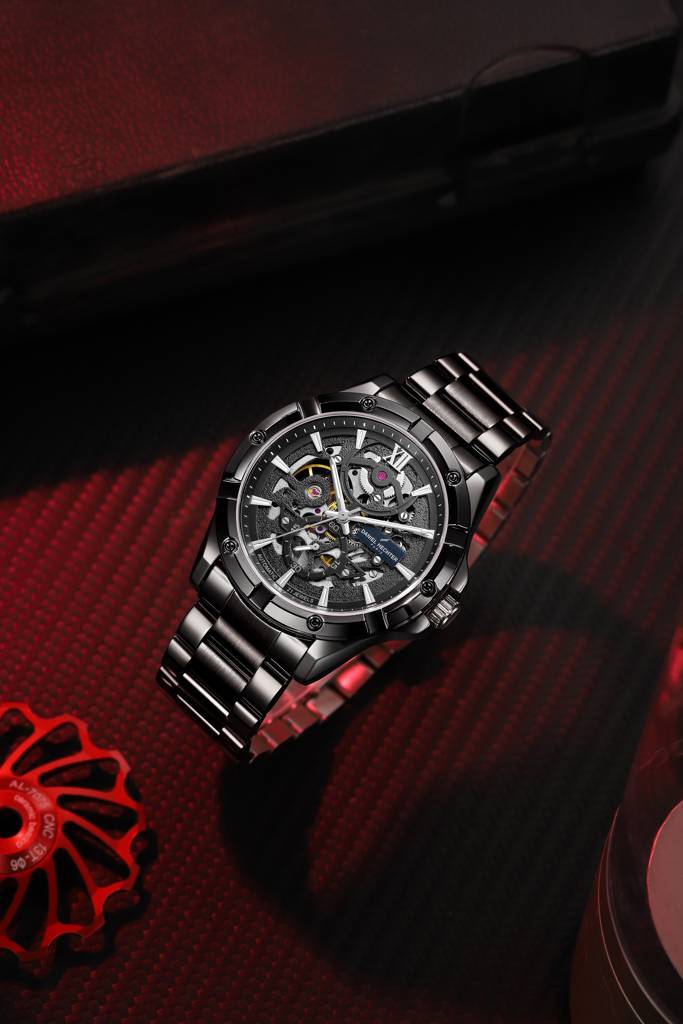 Paris Tech Collection Automatic Skeleton Wrist Watch For Men – Round Dial, Stainless Steel Strap, 21-Jewel Mechan : DHM1060-22