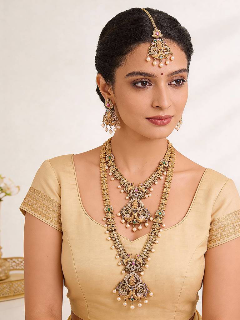 Combo Gold Plated White Ad & Pearl Studded Temple  Lakshmiji Bridal  Jewellery Set : SJNK2972