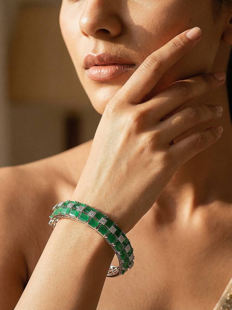 Silver Plated Green Emerald  Zircon Minimal Luxe Bridal Kada Bracelet : SJBR2930