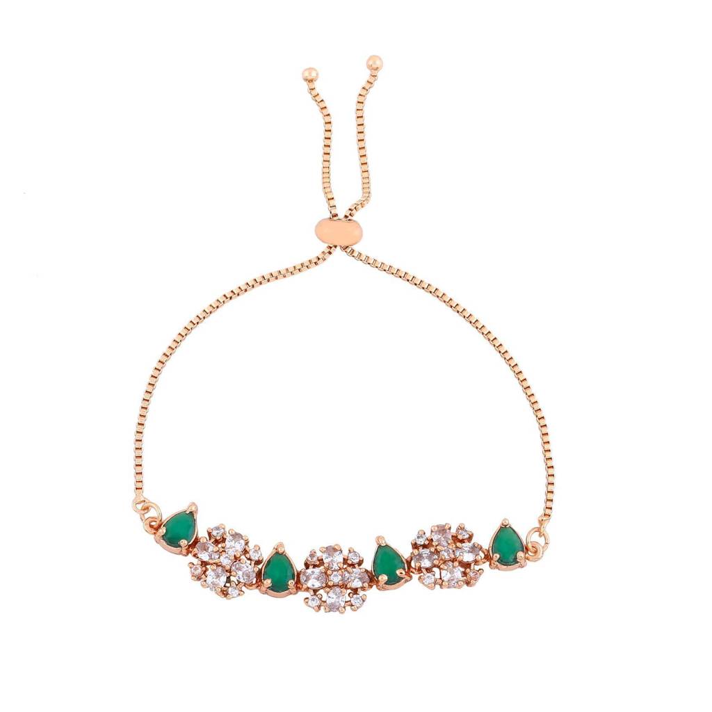 Estele Rose Gold Plated Cz Flower Designer Bracelet With Green Stones For Girls & Women