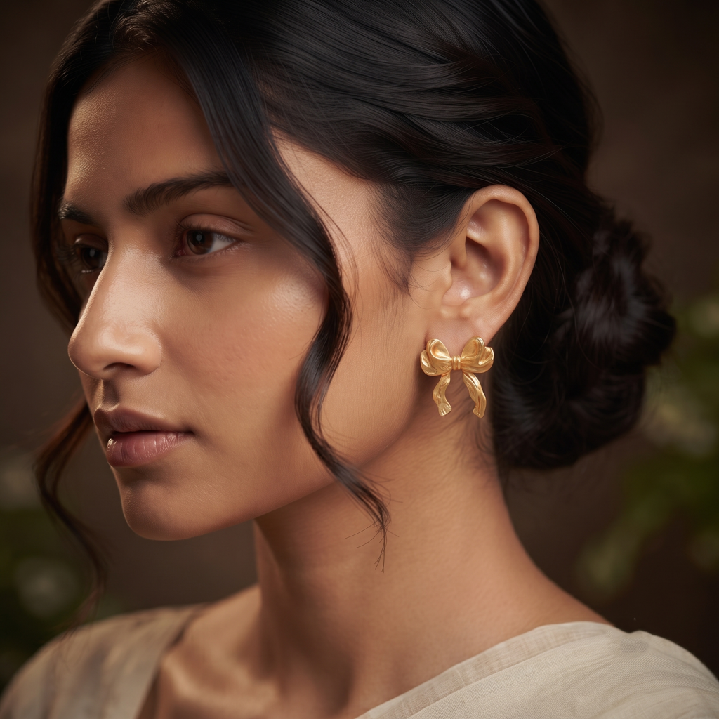 Gold Plated Brass Ribbon Bow Stud Earrings : SCDELER0462