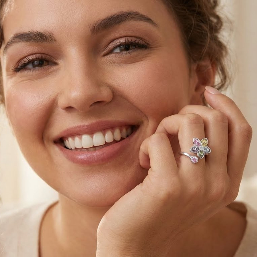 Colorful Floral Silver Plated Ring For Women | Playful Party Wear Jewelry : 2180459041