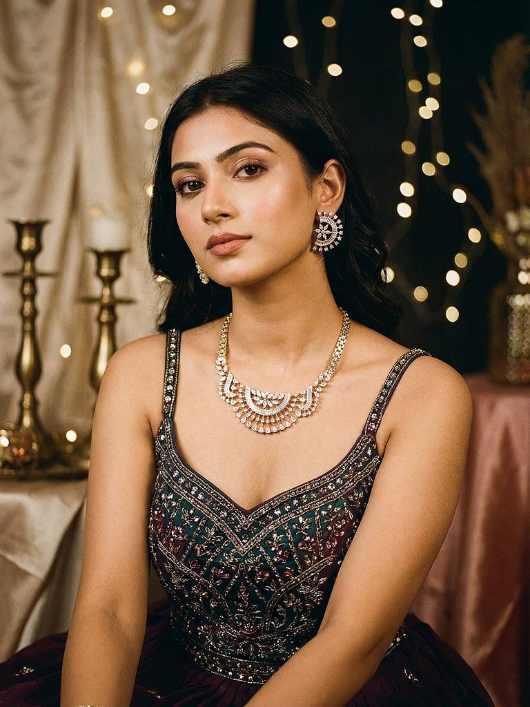 Gold Toned White Ad Zircon Studded  Long Haram Chain Necklace Jewellery Set : SJNK2889