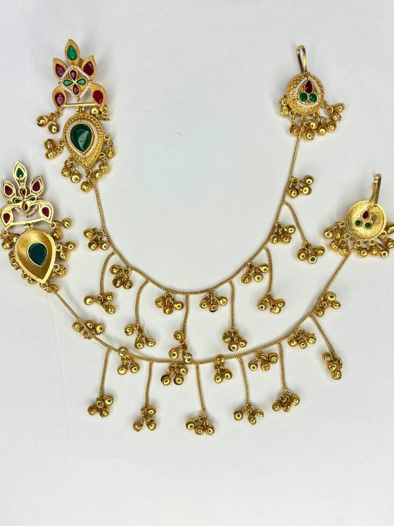 Gold-Plated Premium Kundan Red Stone-Studded Kan Chain Earrings : VI26EROX100368