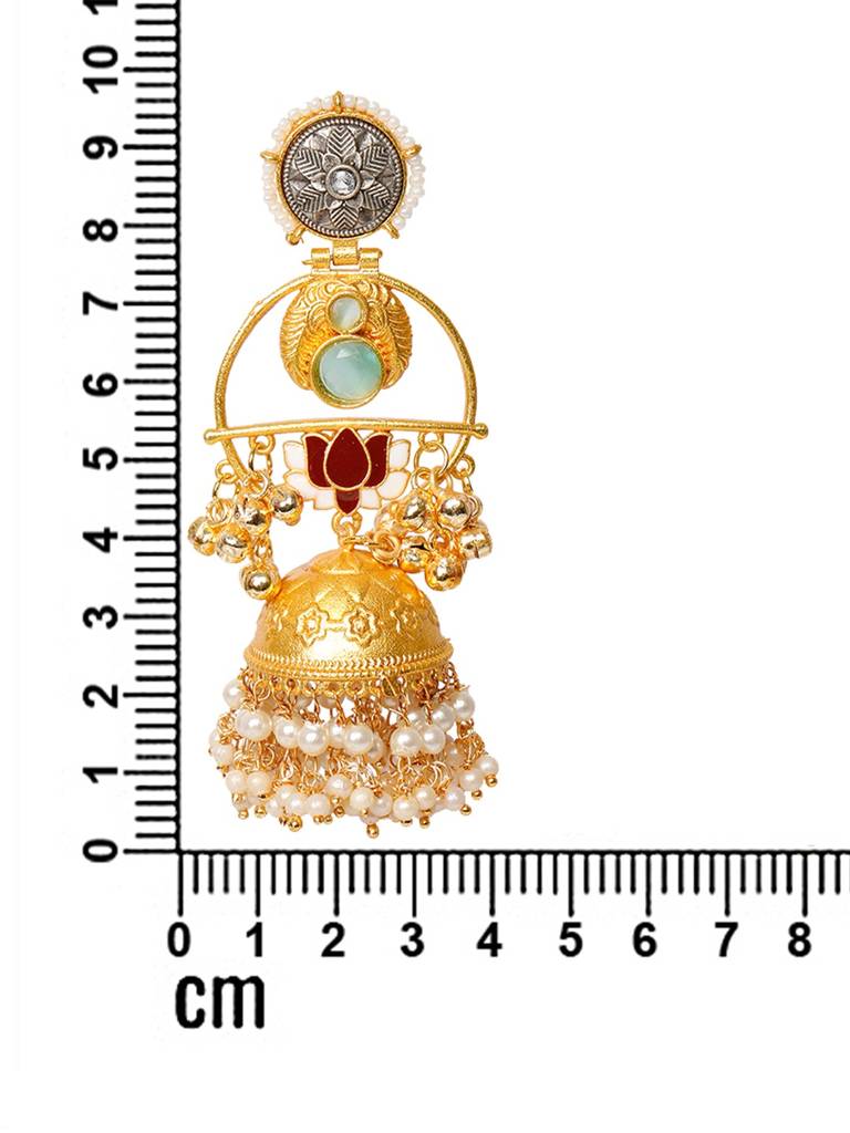 Gold-Plated Artificial Stones Studded And Beaded Dome Shaped Jhumkas : VI24EROX100034