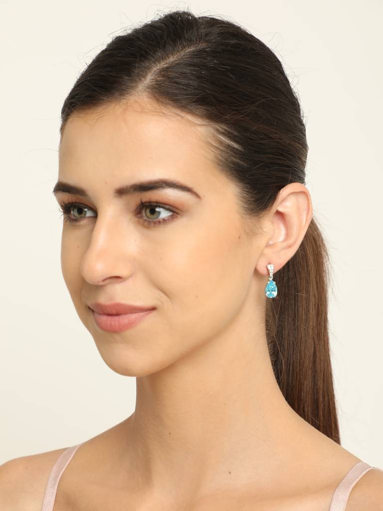 92.5 Sterling Silver Rhodium Plated Swiss Zirconia Sky Blue Tear Drop Earrings With Screw Back Gift For Women & : CSCLRE4PR_BT