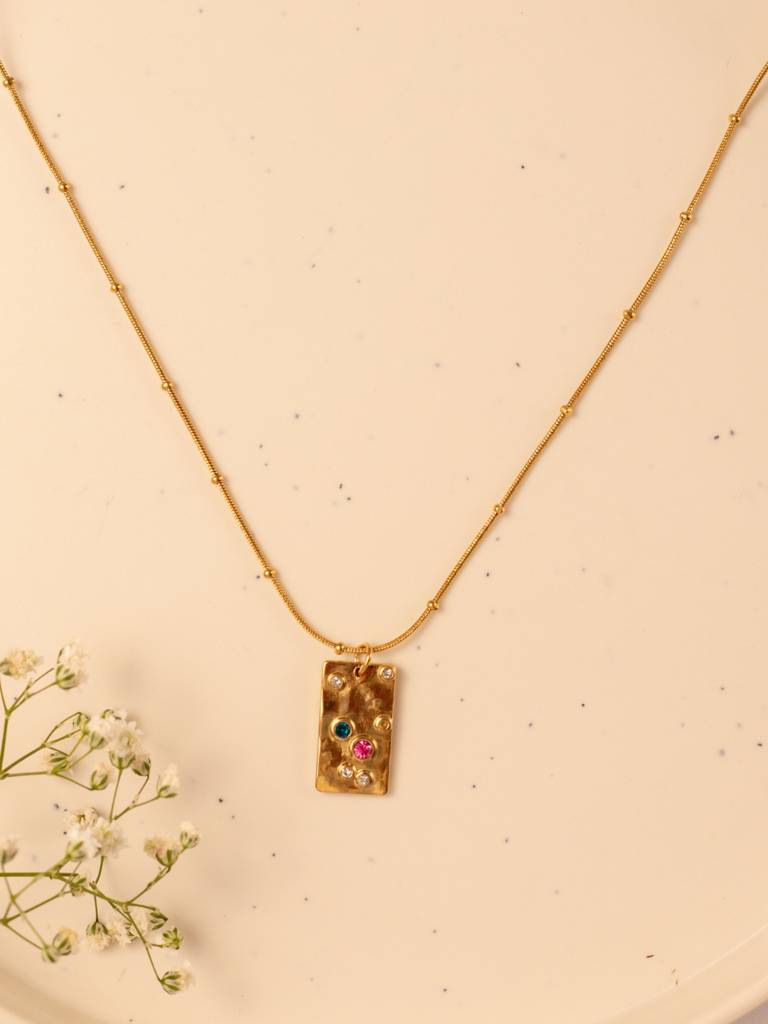 Gold Bar Pendant Chain Â Multicolor Cz Stones, Gold Plated Stainless Steel, Adjustable Length : ATC551GBMC