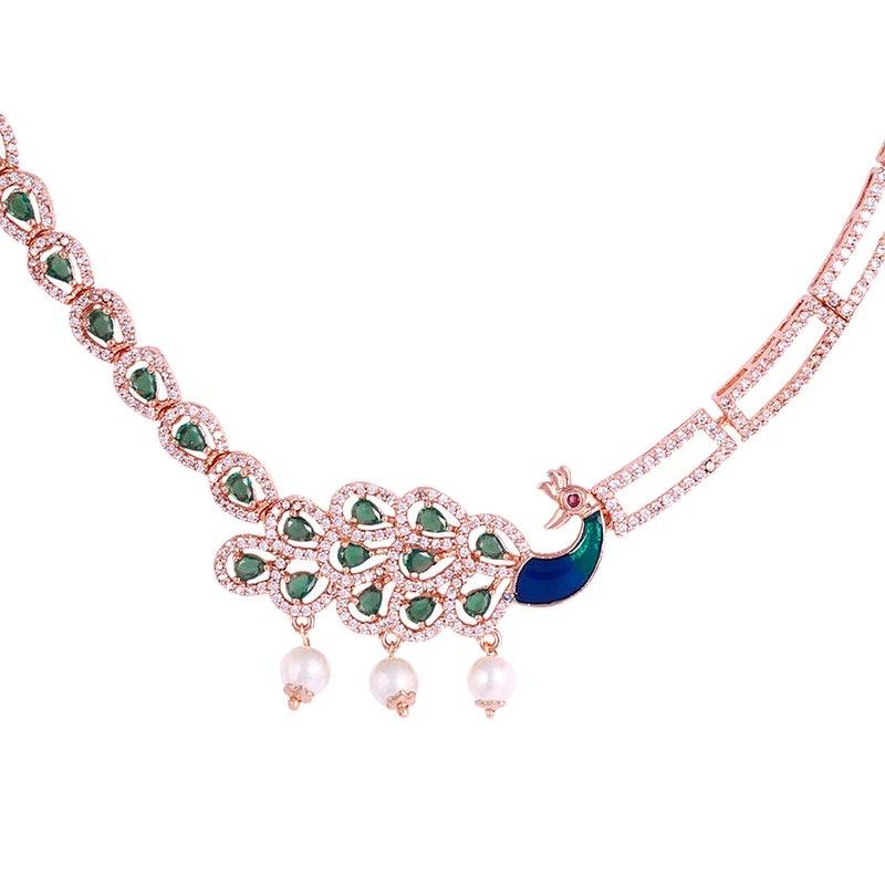 Designer Finish Cz Necklace & Earrings Set | Peacock-Inspired Motif | Occasion Wear : AD-917-RGGNNKER