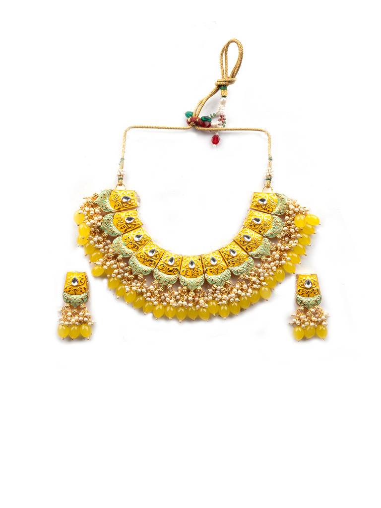 Dual Colour Kundan Meenakari Necklace Set With Earrings And Maangtika : Kundan08Yellow