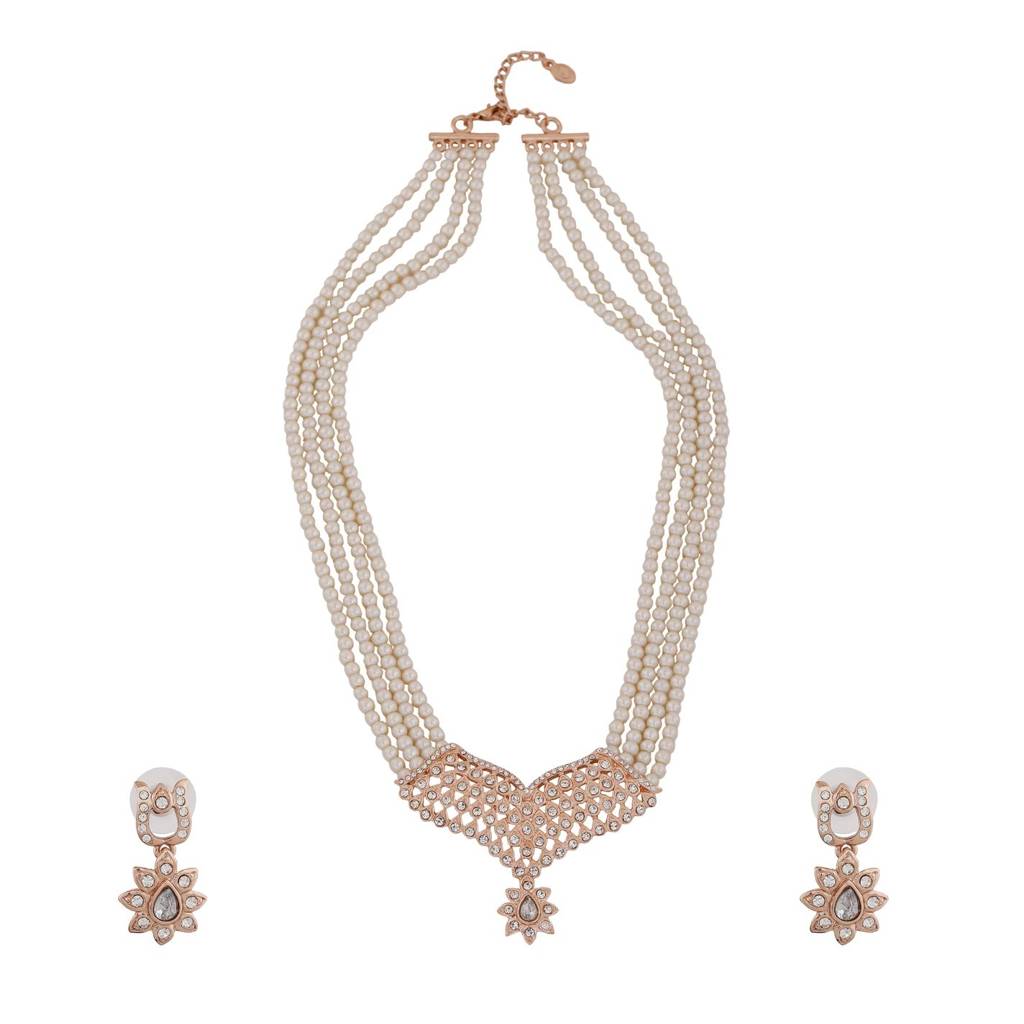 Estele Rose Gold Plated Sparkling Necklace Set With Crystals For Women