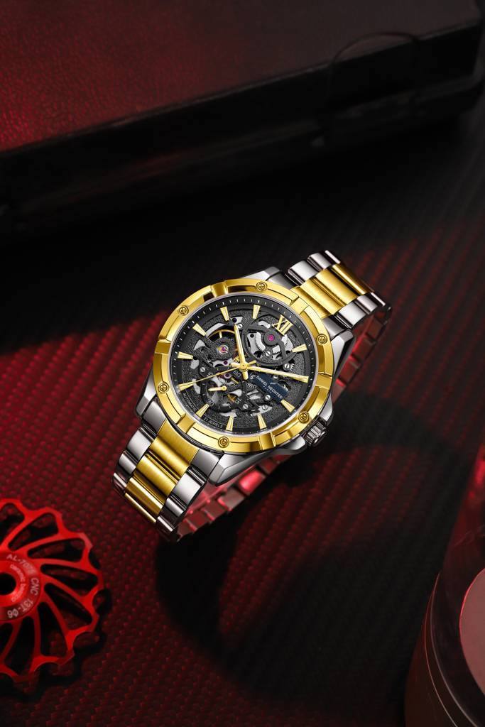 Paris Tech Collection Automatic Skeleton Wrist Watch For Men – Round Dial, Stainless Steel Strap, 21-Jewel Mechan : DHM1060-33