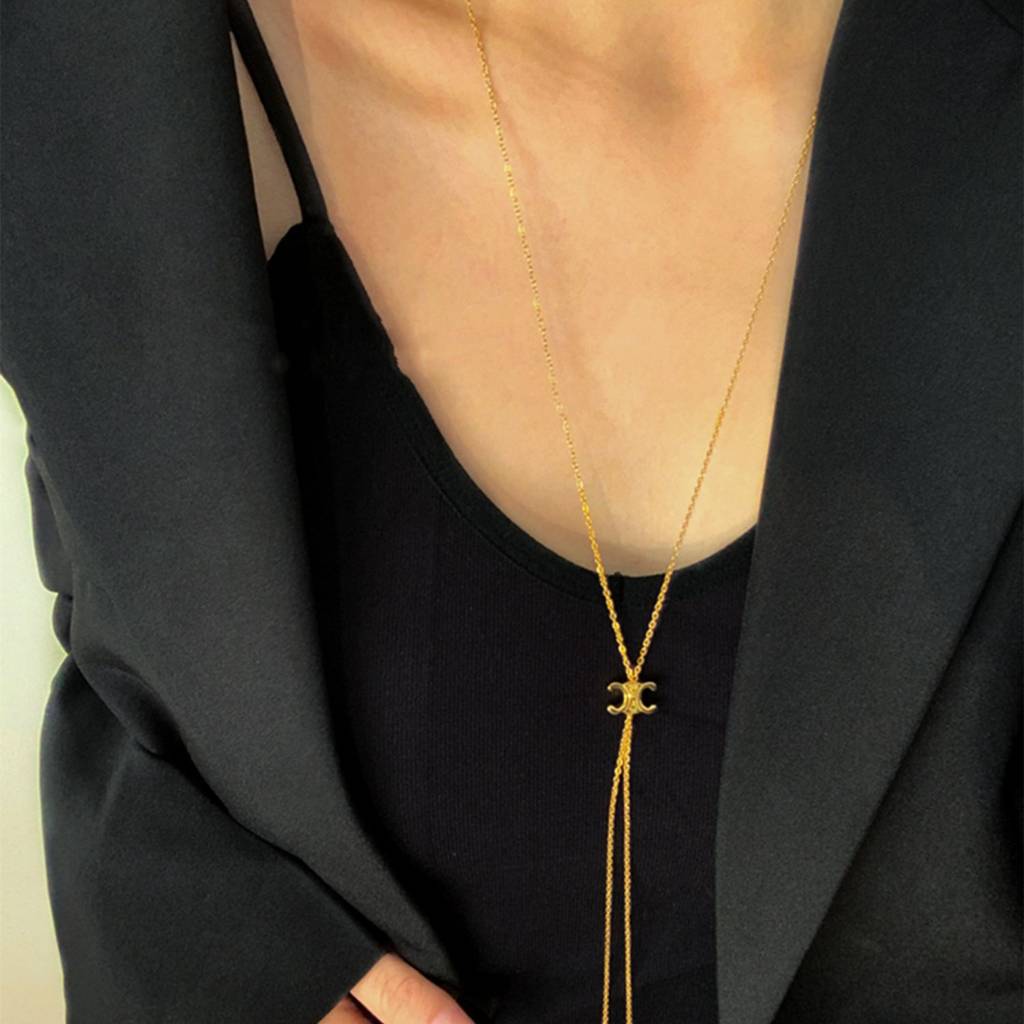 18K Gold Plated Long Tassel Movable Double Crescent Moon Necklace : ATO0624NK013G