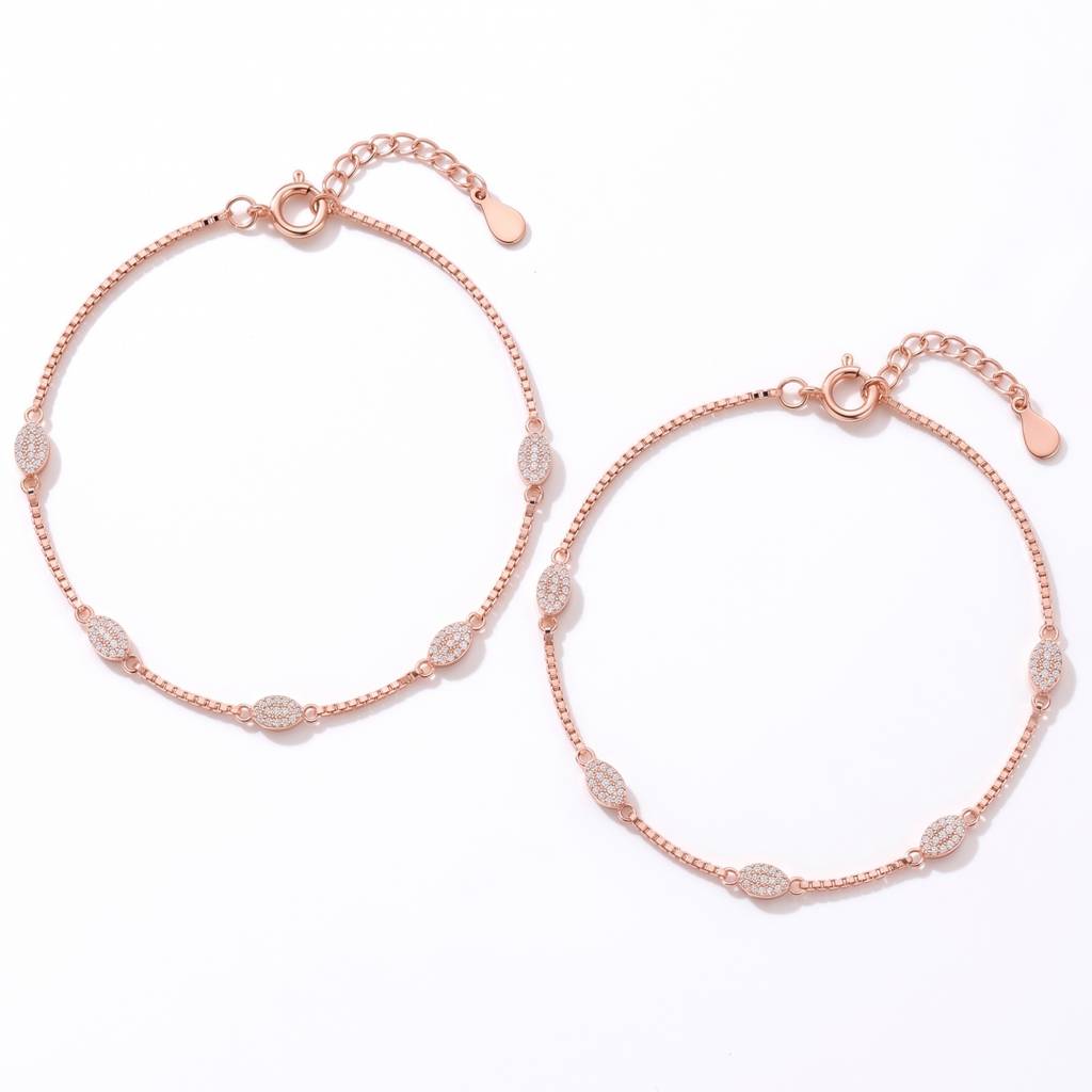 Premium Minimalist Rose Gold Pave Oval Station Anklet On Delicate Box Chain : AK1143