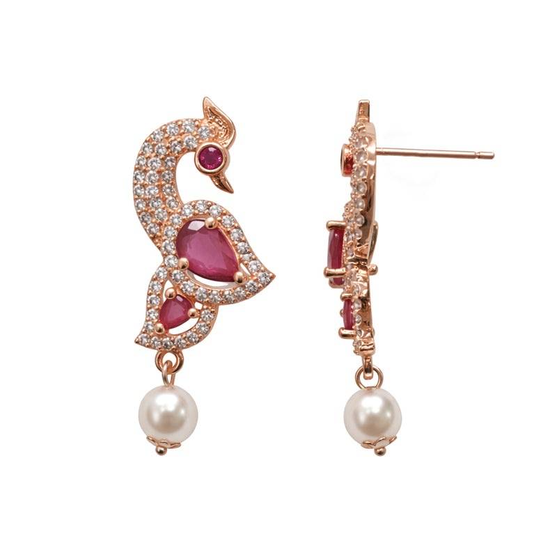 Partywear Peacock Motif Drop Earrings|Cz Ruby Rose Gold Finish With Pearl Drops For Women : AD-911RGRBEER