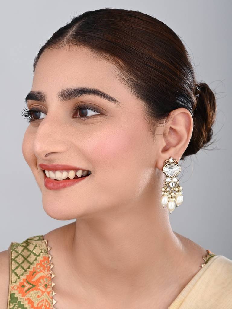 Gold Plated Kundan & Pearl Drop Earrings : S24FAER410WHT