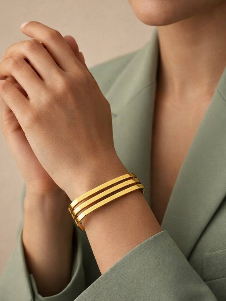 18K Gold Tri-Line Open Cuff Bracelet | Anti Tarnish Stainless Steel : ATB864TSCB