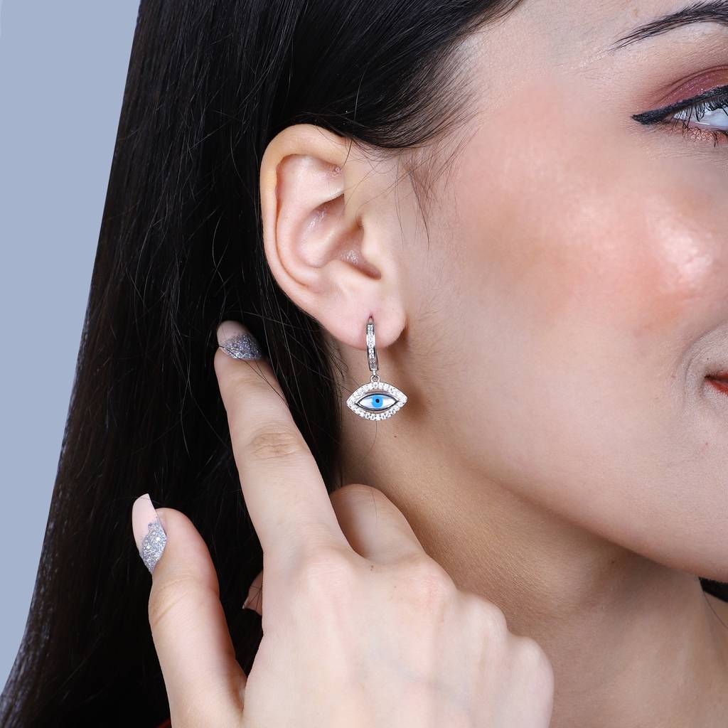 925 Silver Evil Eye Sparkle Stud Earrings : ER-SL-10026-W