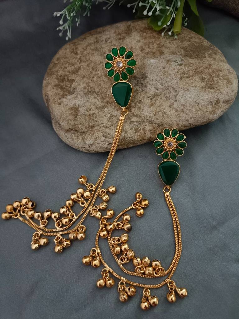 Brass- Plated Pachi Kundan & Ghungaroo Beaded Kashmiri Floral Drop Earrings : VS105312