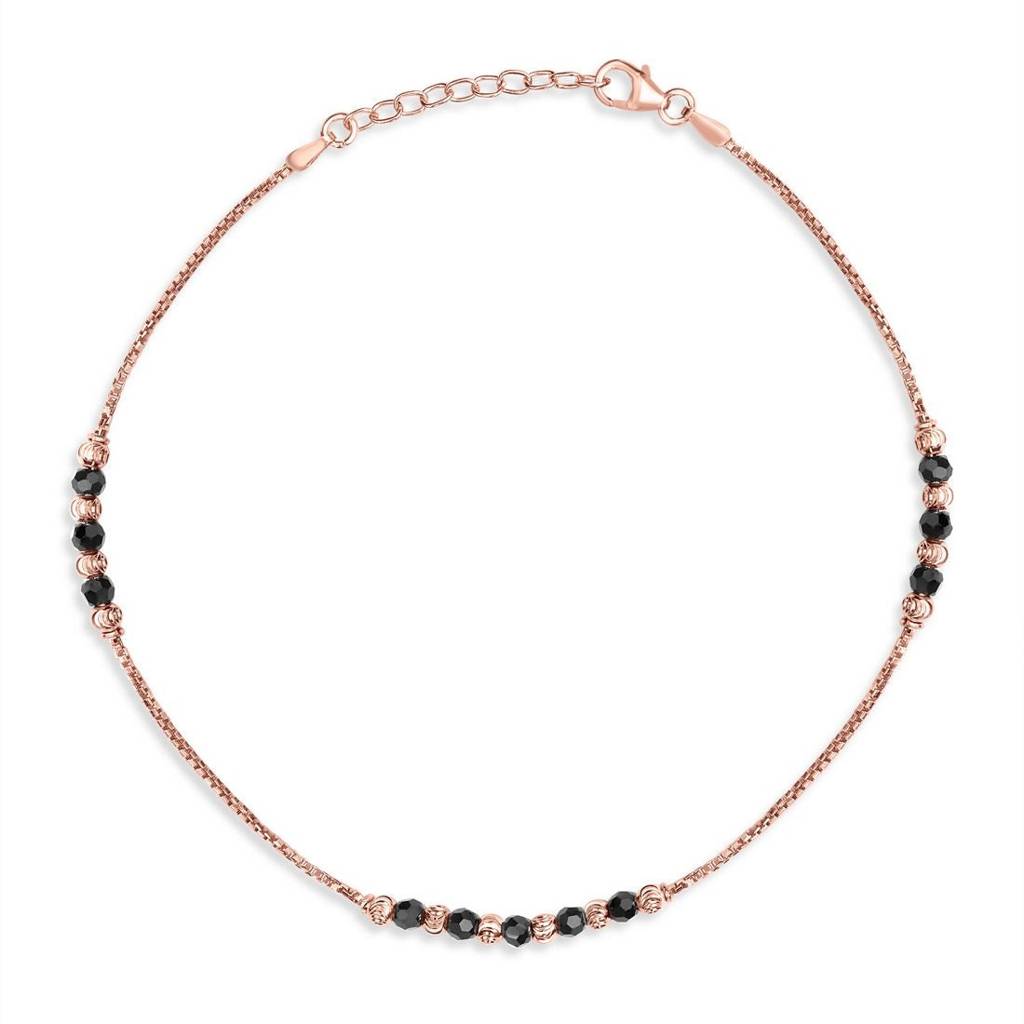 Raven Radiance Black Beads Rose Gold-Plated 925 Sterling Silver Adjustable Chain Anklet : ANK-60401-PAIR-RG
