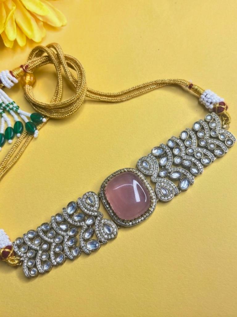 Gold-Plated Pink Stone Traditional Kundan Choker Jewellery Set : VI26JSKU100010